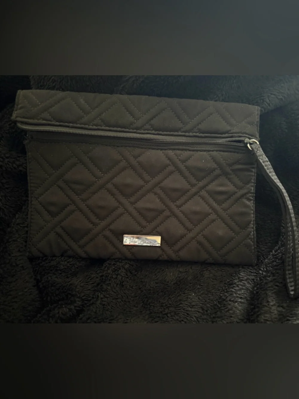 Vera Bradley Quilted Black Fabric Wristlet with Logo Plate